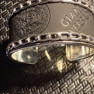 Versace Silver Men's Embossed Medusa Cuff with Chain Trim